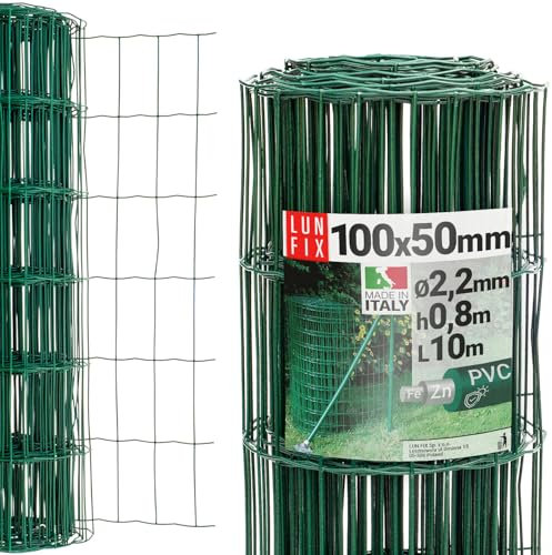 Maschendrahtzaun - verzinkter Stahl Grün PVC-beschichtet, 100 x 50 mm, Ø 2.2 mm, 80 cm x 10 m, Gartenzaun Hundezaun Wildzaun Hühnerzaun Drahtgitter Zaun Schweißgitter, Lun Fix