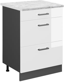 Vicco Schubladenschrank R-Line, Schubladenschrank für die Küche, Weiß Hochglanz, 60 cm AP Marmor