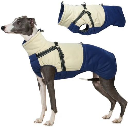 Hjumarayan Hundemantel mit Geschirr, Hundemantel Winter für Kleine Mittelgroße Grosse Hunde, Hundejacke Wasserdicht und Warm Hunde Mantel Gefüttert, Wintermantel Hund mit Geschirr, Marineblau XL