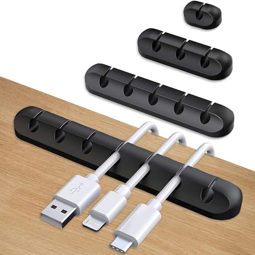 4 Stück Kabelhalter Kabelclips, Kabel Organizer, Feder Kabelklemmen Selbstklebend für Zuhause, Büro, Auto, Nachttisch, Schreibtisch Zubehör (Schwarz, 1-3-5-7 Steckplätzen)