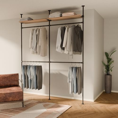 pamo Kleiderstange klemmend 180 kg Traglast - offener Kleiderschrank industrial schwarz aus Metall Wasserrohren mit Böden aus massiver Eiche