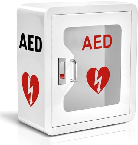AED-Defibrillatorschrank, wandmontierter AED-Aufbewahrungsschrank mit Schnappverschluss, Gehäuse aus Edelstahlmetallplatte, transparentes PVC-Fenster, passend für alle Marken von AED-Defibrillatoren(R