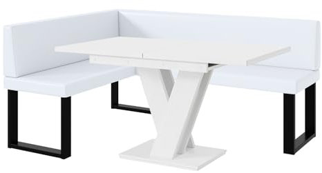 MEBLINI Eckbank für Esszimmer mit ausziehbarem Tisch - Küchenbank - Essecke - Sitzecke Küche - Toni - U-Beine 128x168x87cm Links - Weiß Kunstleder/M Weiß Matt