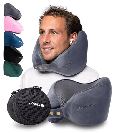 CLOUDS Nackenkissen Flugzeug & Auto – Einstellbares Memory Foam Reisekissen in 2 Größen für Erwachsene - Atmungsaktiver- extraweicher Bezug in 5 Farben (Grau, L/XL)