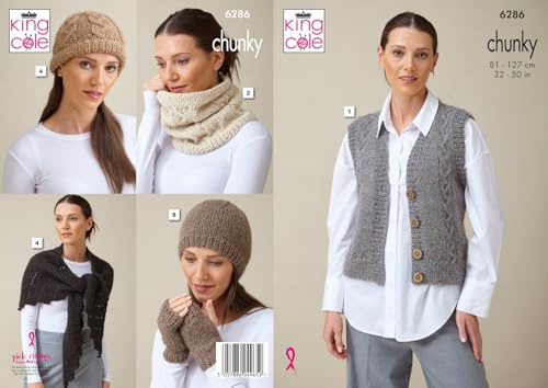 King Cole Knitting Pattern Chunky Knit Ladies Waistcoat & Accessories (6286), 81cm – 127cm 32” – 50”