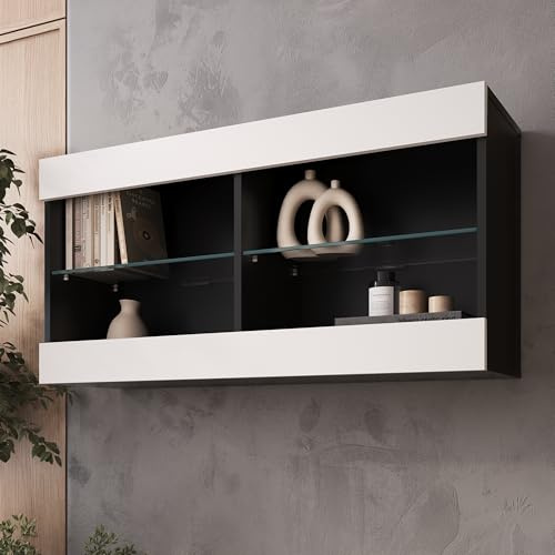 Komodee Vitrine Hängend Tivoli Horizontal Weiß/Schwarz 100x50x29 cm | Hängende Vitrine Tivoli Horizontal, Weiß/Schwarz, Breite 100cm x Höhe 50cm x Tiefe 29cm, 2 Regalböden