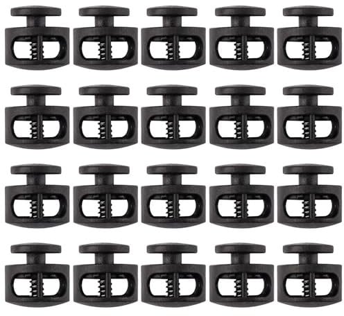 WOLMIK Cord Locks - 20 PCS Plastic Cord Locks Double Hole Spring Toggle Stopper Clip Elastic Clasp Lock Fastener for Drawstring, Paracord, Bags, Clothing, Hat Straps, Gloves String Lock Replacement