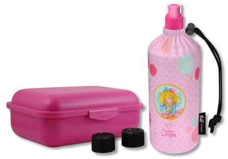 Emil Trinkflasche aus Glas inkl. Brotbox & Ersatzverschlüsse – Starterset zur Einschulung - BPA-frei & schadstofffrei, isolierend – Ziehverschluss für Wasser, Saft & Milch – Prinzessin Lillifee©