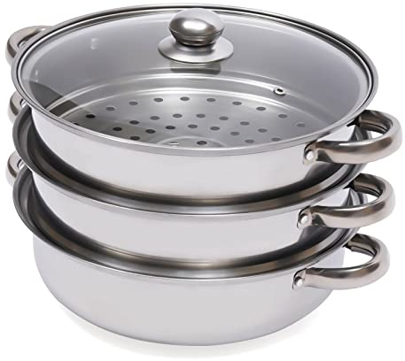 Vaporera universal de acero inoxidable, 3 niveles, con tapa de cristal, 32,5 x 25 cm, para cocinas de gas, inducción y halógenas