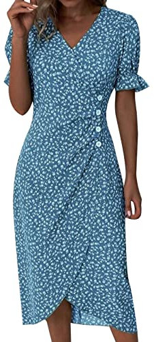 Robe ete Femme mi Longue Robes Boheme Chic Mariage invité Femme Manche Courte Volants Robe de Plage Femmes Sexy col v Casual midi Robes Portefeuille Femmes Cache Coeur cintrée asymétrique