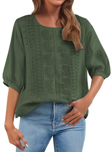 Tops for Women UK Plus Size Summer Retro 3/4 Sleeve Tunic Top Loose Baggy T-Shirts Plus Size Lightweight Linen Flowy Boho Tee Blouse My Orders UK 2025 Green