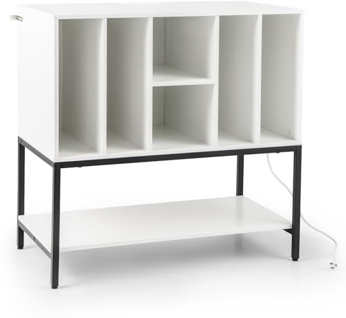 COSTWAY Support Tourne-Disque avec Prise, Rangement Platine Vinyle avec Étagères, 6 Compartiments, Rangement CD/Album/Disque, Meuble Bibliothèque pour Manga (Blanc)