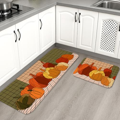 Küchenläufer mit Kürbis-Motiv, modern, künstlerisch, gepolstert, bequem, waschbar, rutschfest, für Küchenspüle, Waschküche, Badezimmer, 2 Stück