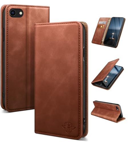 SUANDUCK for iPhone SE 2022/7/8/SE 2020 4.7 - Magnetic Leather Flip Wallet Case with RFID Blocking, Credit Card Holder & Adjustable Stand, Flip Folio Book, Shockproof Cover for Apple 7,Brown
