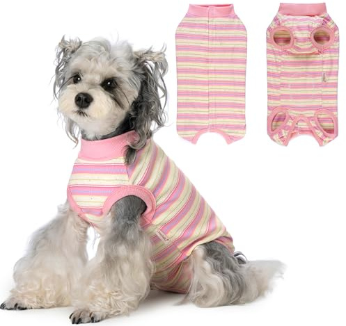 Pawsailor Body Post Operatorio Cane a Righe Tuta Chirurgica per Cani Femmina Maschio Morbido Cotone Tutina Body Chirurgico Cane Maglietta Medica per Cuccioli, Protezione delle Ferite, Rosa XS