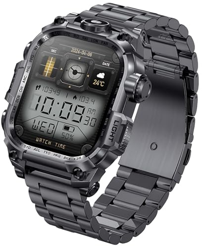 Bosreroy Smart Watch Men Armed, 5.2 Wireless Calling 2.01 Inch Hd Display Steel Band, Outdoor Fitness Wearable, Extended Power Health Monitor with Led Flashlight, Ip67 Waterproof