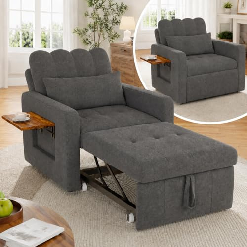 HOOGDLJ Schlafsessel 3 in 1,schlafsessel mit bettfunktion Ausziehbares Schlafsofa Schlaferstuhl mit Verstellbarer Rückenlehne Sessel mit Schlaffunktion GäStebett Klappbar mit Seitentasche (Grau)