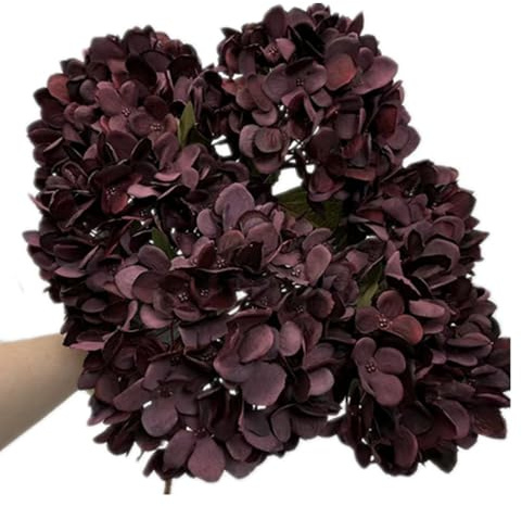 forestmistry 5pcs Artificial Burgundy Hydrangea Flower Branch Faux Silk Hydrangea Hortensia for Wedding Centerpieces Home Party Floral Arrangement Decor (burgundy)