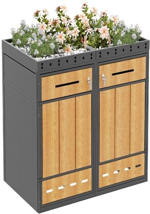 KOMHTOM 240L Cache Poubelle Extérieur Double 2 Bacs en Acier, Abri à Poubelle avec Design Bois Naturel, Planteur Intégré, Sécurité Clé et Durable, Design Bois (2, Gris-2)