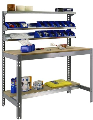 SimonRack Werkbank 600 kg Belastbarkeit, 144,5x121x61 cm, Große Arbeitsfläche Arbeitsfläche, Arbeitstisch, Holz-Arbeitsplatte, Grau/Holz - BT1