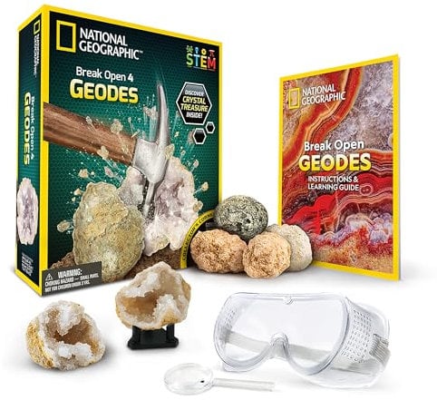 NATIONAL GEOGRAPHIC Wissenschafts-Set für 4 aufbrechbare Geoden - Inklusive Schutzbrille, Lernanleitung und Kristallständer - Großartiges Mint-Wissenschaftsgeschenk