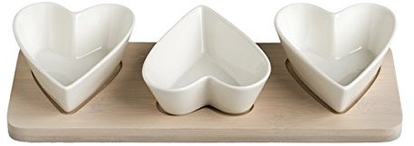 BRANDANI 53078 Portassaggi tris di cuori porcellana bianca c/sup bamb naturale 27x11,5x4h