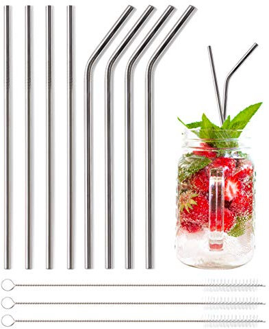 Pentaton Edelstahl Strohhalme 8 Wiederverwendbare Trinkhalme 3 Reinigungsbürsten Metalltrinkhalme Länge 21,5cm Farbe Silber