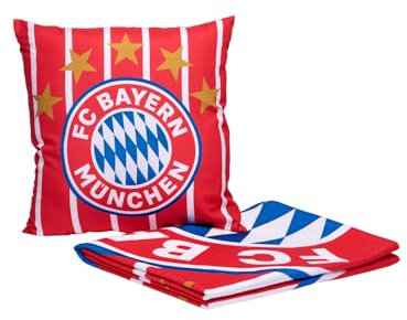 FC Bayern München Set I Decke und Kissen I Fleecedecke I Sofakissen I Decke 130 x 170 cm I Kissen 40 x 40