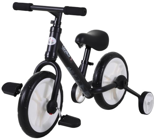 HOMCOM Kinderfahrrad, 2-in-1, Rollen und abnehmbare Pedale, Räder 30,5 cm, höhenverstellbarer Sattel, für Kinder von 2 bis 5 Jahren, Stahl, Schwarz