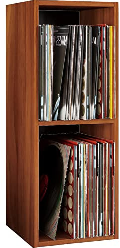 VCM Holz Stand Regal | Regal mit 2 großen Fächer | Maße: H. 72 x B. 34 x T. 30 cm | Platz für 65 Schallplatten | 1 Fester Fachboden - Platto Kern-Nussbaum