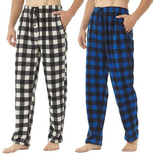 YUSHOW Herren Schlafanzughose 2er Pack Fleece Karierte Loungehose mit Taschen Loungewear Pyjamahose, Graues Plaid+Blaues Plaid Größe XL