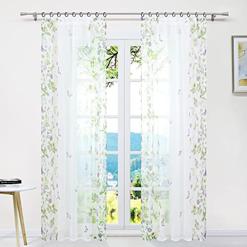ESLIR Gardinen mit Kräuselband Gardinenschal Transparent Wohnzimmer Vorhänge mit Schmetterling Muster Modern Voile Grün BxH 140x225cm 1 Stück