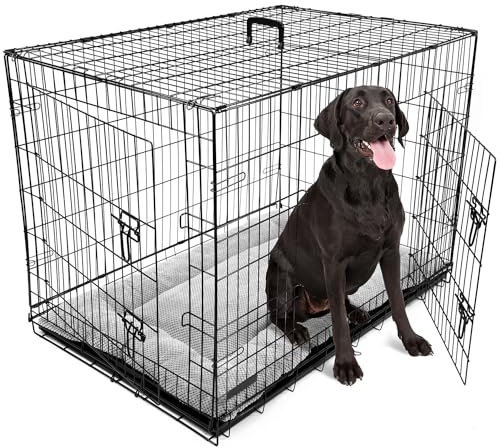 DogCrates+ Extra Large Foldable Dog Crate with Bed, 2 Doors Design, Non-Chew Metal, Removable Tray, 42-Inch Black