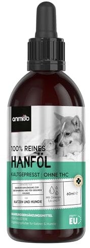 Animigo Hanföl für Hunde & Katzen - 60ml Kaltgepresstes, reines Hanfsamenöl mit Omega 3, 6 & 9 - Zur Entspannung und für Gelenke - Hanfsamenöl für Tiere