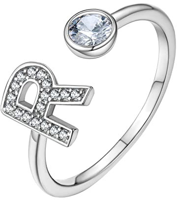 GoldChic Einstellbarer Offener Buchstaben Ring 925 Sterling Silber Initialen Alphabet mit Zirkonia Stapelbarer A-Z Glücksbuchstaben Ring Siegelring in Weißgold Ringgröße 51.8(16.5)- 67.2(21.4)
