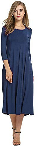 Womens Ladies Plain Jersey Swing Dress Casual Long Sleeve Midi Dress Skater UK Size (Navy, 12-14)
