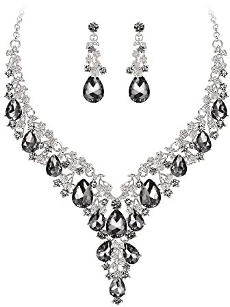 Clearine Hochzeit Schmuck-Set Tropfen Strass Cluster Statement Halskette und Ohrhänger-Set Kostümschmuck für Damen Grau Silber-Ton