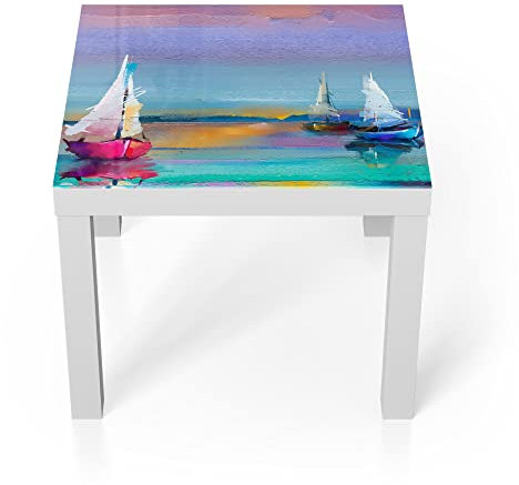 DEQORI Glastisch | weiß klein 55x55 cm | Motiv DREI Bunte Segelboote | ausgefallener Beistelltisch aus Glas | Hochglanz Couchtisch fürs Wohnzimmer | moderner Couch Tisch mit Design