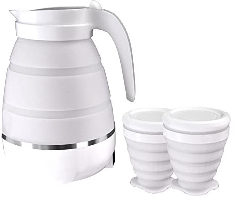 Hervidor Agua, 600ML Hervidor Eléctrico Plegable 850W Calentador Agua Eléctrico de Silicona Base de Acero Inoxidable 304 con Dos Tazas para Camping Viajes Senderismo (Blanco)