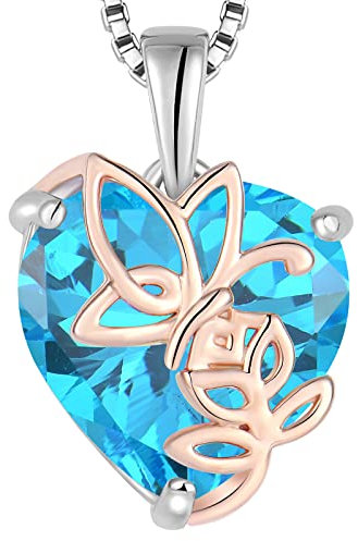 YL Collier Rosé Cœur Argent 925 taillé Mars Pierres de Naissance Aigue-marine Rosé Pendentif pour Femme