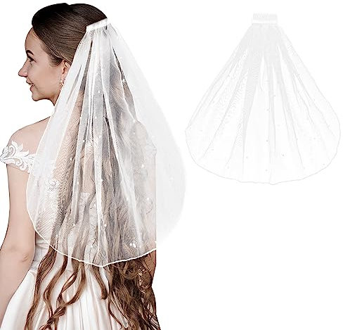 Amaxiu Kurze Braut Hochzeitsschleier, 1 Etage perlweißer Spitzenschleier mit Kamm Kopfschmuck Junggesellenabschied Kathedralenschleier für Bräute Blumen Frauen Dekorationen, Stirnband Zubehör, 55 cm