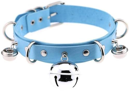 WSZJLN Trendige Punk Leder Choker Halskette Mehrlagige Glocken Metall Choker Halskette Handmade Boho Gothic Trachtenschmuck -P006 Hellblau