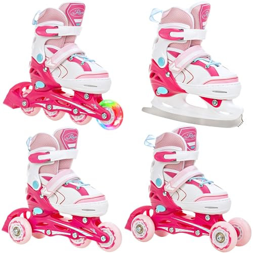 RAVEN 4in1 Inline Skates Triskates Rollschuhe Schlittschuhe Inliner für Kinder Mädchen verstellbar (Lia Pink, 34-37 (21,5cm-24cm))