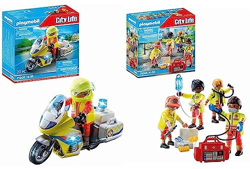 PLAYMOBIL City Life 71205 Notarzt-Motorrad mit Blinklicht, Spielzeug für Kinder ab 4 Jahren & City Life 71244 Rettungsteam, Spielzeug für Kinder ab 4 Jahren