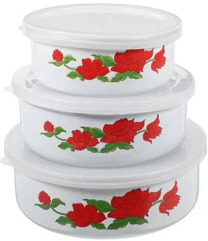 Zerodeko Vintage Enamel Bowl 3pcs Enamel Salad Bowls Set with Lids, Food Preservation Bowls Food Storage & Serving Bowls for Kitchen Serving Bowls (Random Pattern)