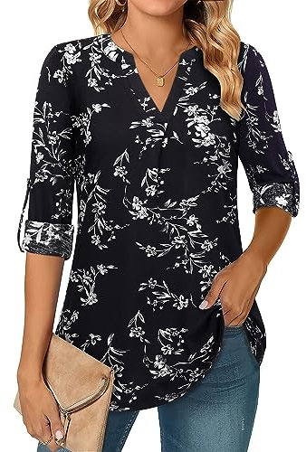 Amrto Chemisier pour femme - Col en V - Manches 3/4 - Élégant - Manches longues - Décontracté - Manches longues - Taille M à XXL, Fleurs blanches, noires, L