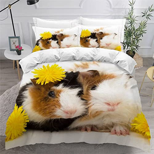 AKATIE Bettwäsche Meerschweinchen Bettwäsche 135x200 Kinder Haustier Bettbezug Set Weich Microfaser Kinderbettwäsche 3 Teilig Mit ReißVerschluss Mit 2 Kissenbezug 80x80 cm