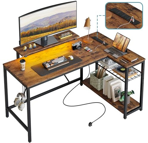 Bestier 132.5 cm L-Shaped Desk with 3 Power Outlets & 2 USB Ports, LED Strip Lights – Reversible Corner PC Workstation with Shelves & Hooks for Home Office & Bedroom
