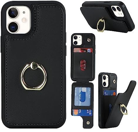 Cavor Phone Case compatible with iPhone 12 Mini Case With Card Holder,Flip Folio Leather Wallet Case,Magnetic Ring Kickstand Shockproof Cover Case compatible with iPhone 12 Mini - Black