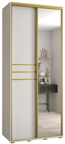 MEBLE KRYSPOL Davos 11 110 Schrank mit Zwei Schiebetüren für Schlafzimmer - Moderner Schrank mit Spiegel, Kleiderstange und Regalen - 235,2x110x60 cm - Weiß Weiß Gold